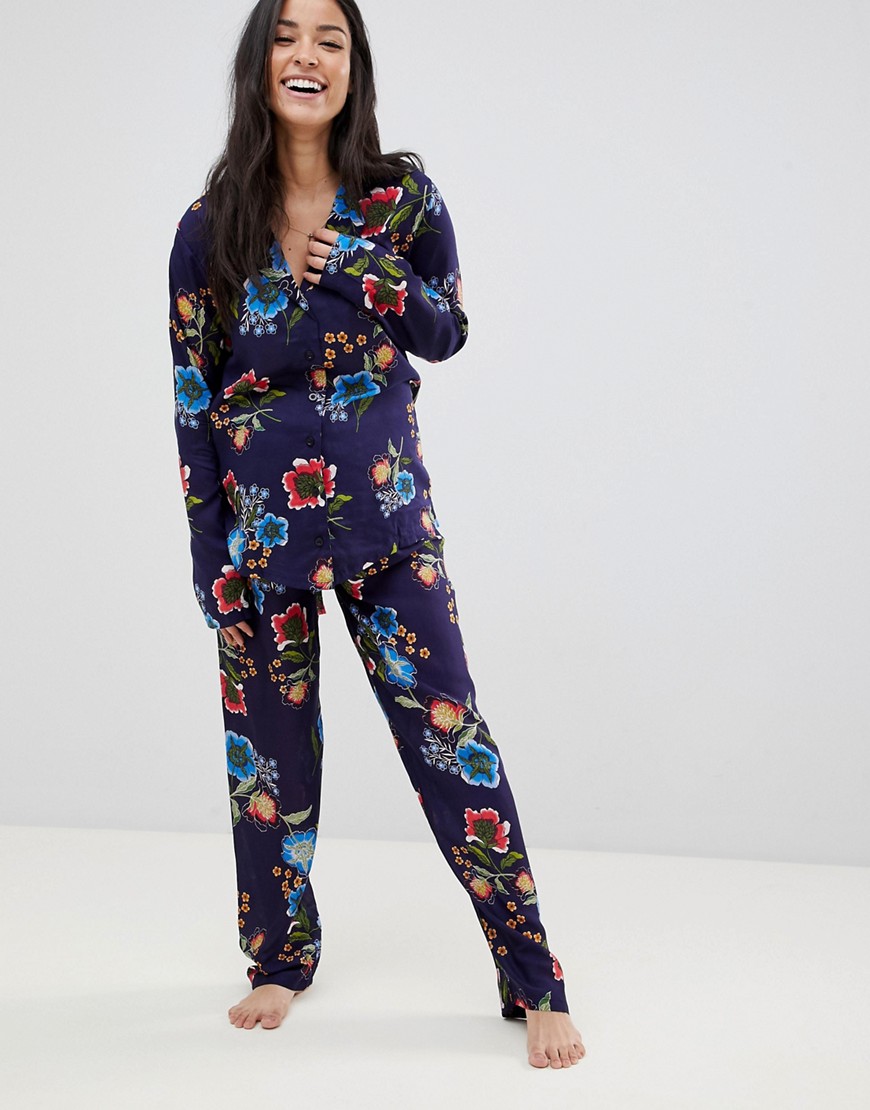 ASOS DESIGN Maternity Abstract Navy Floral Traditional 100% Modal Trouser Set