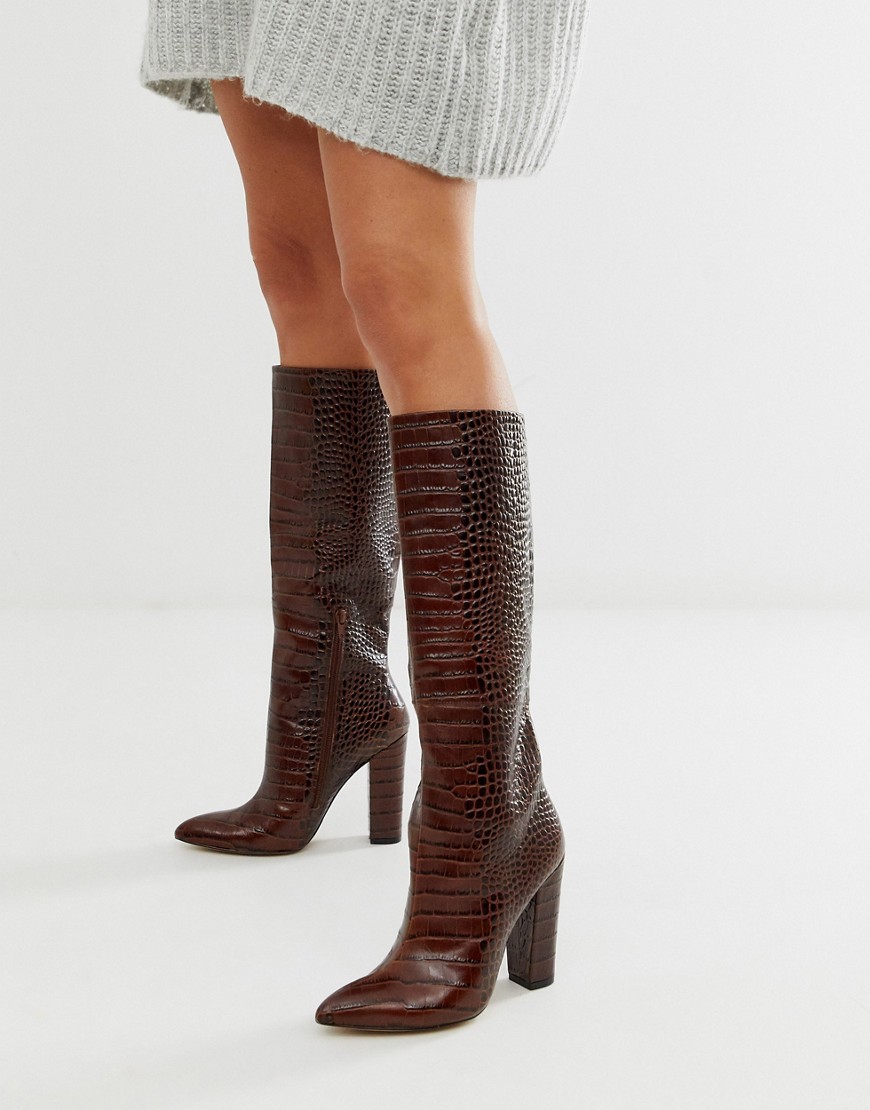 ALDO Block Heel High Leg Boot in Brown Croc Print Leather