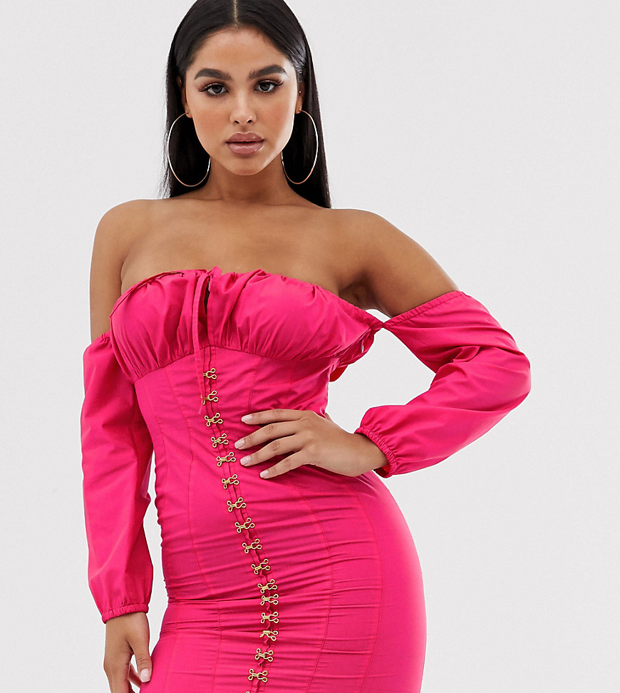 Club L London Petite off shoulder mini dress with milkmaid neck and metal hook detail in raspberry