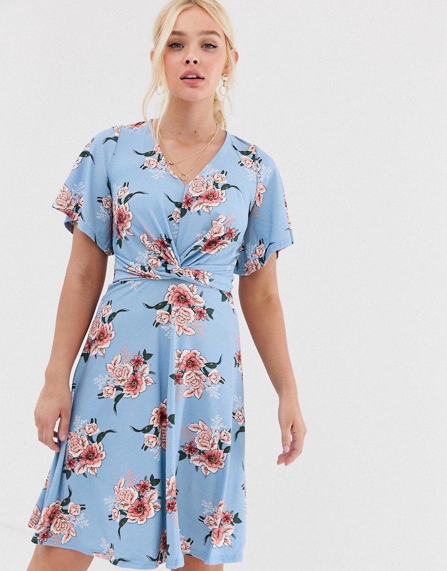QED London knot front fit and flare dress in floral print