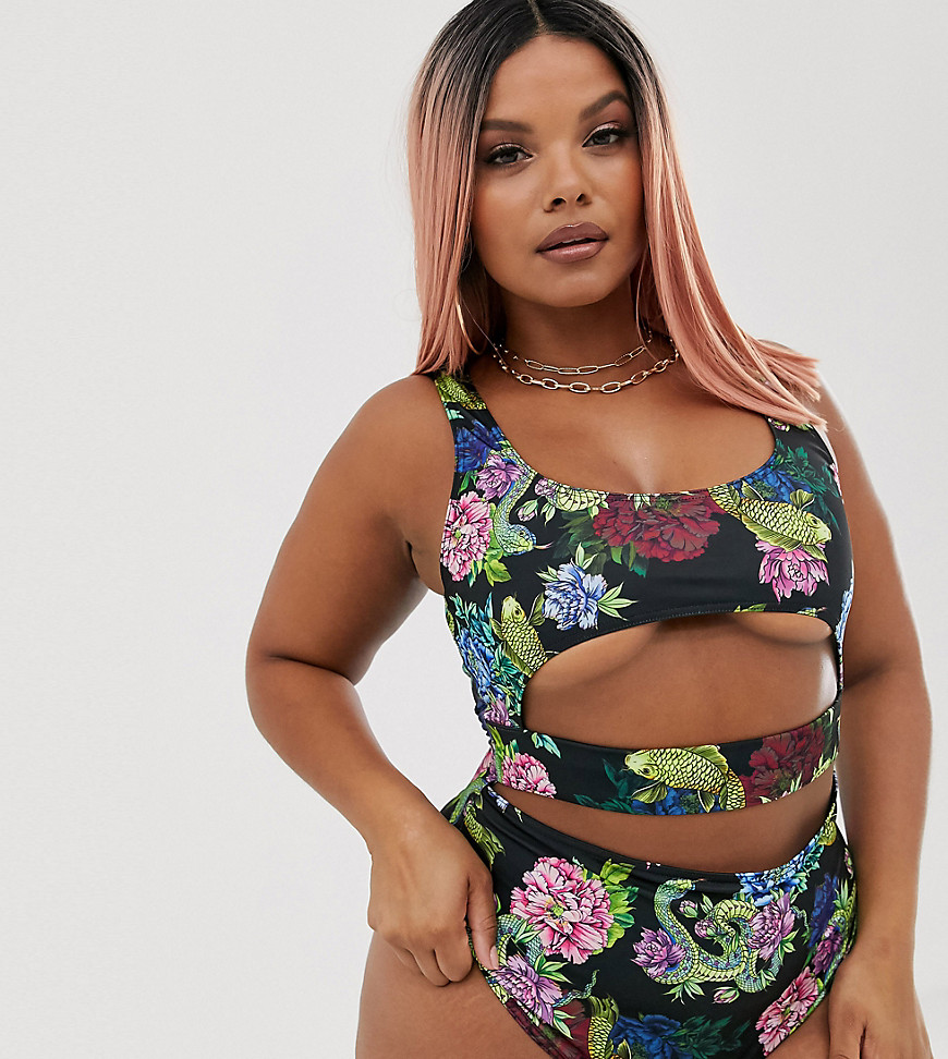 ASOS DESIGN recycled curve underboob strap swimsuit in tattoo rose print