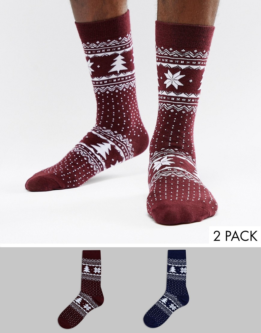 Brave Soul Christmas 2 Pack Fairisle Socks - Navy