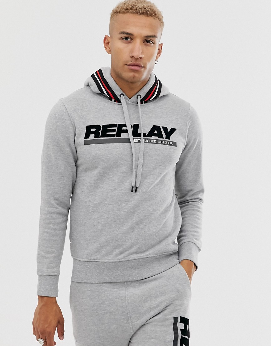 Replay co-ord flocked logo taped hoodie in light grey marl