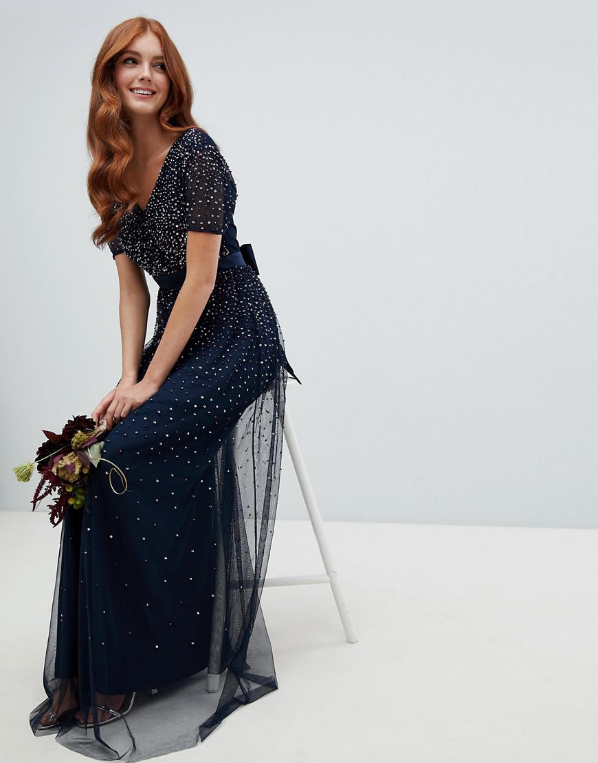 Maya v neck maxi tulle dress with contrast tonal delicate sequins in navy