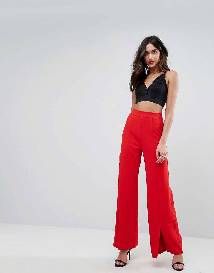 NaaNaa High Waist Trousers With Front Split - Red