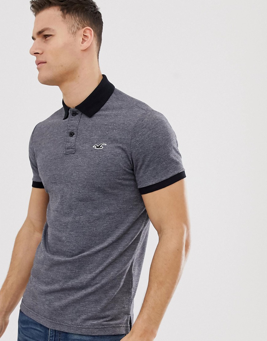 Hollister icon logo heritage slim fit polo contrast collar in black marl