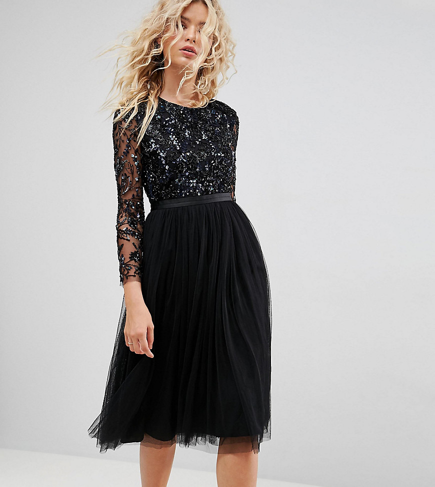 Needle & Thread Embellished Midi Dress with Long Sleeves - Black