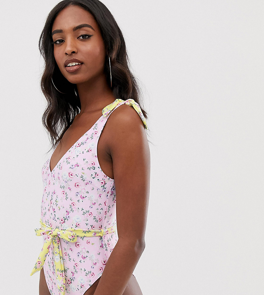 ASOS DESIGN Tall recycled tie shoulder belted swimsuit in pretty pastel floral print