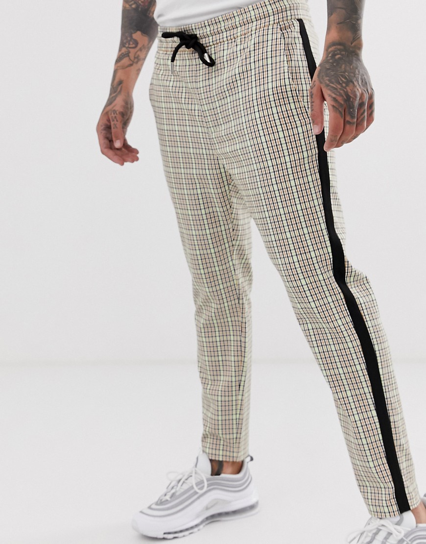 Only & Sons check side stripe trousers in sand