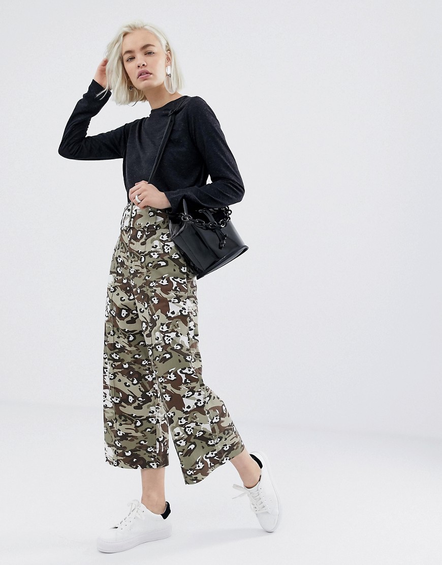 ASOS DESIGN cropped wide leg trouser with belt in camo animal