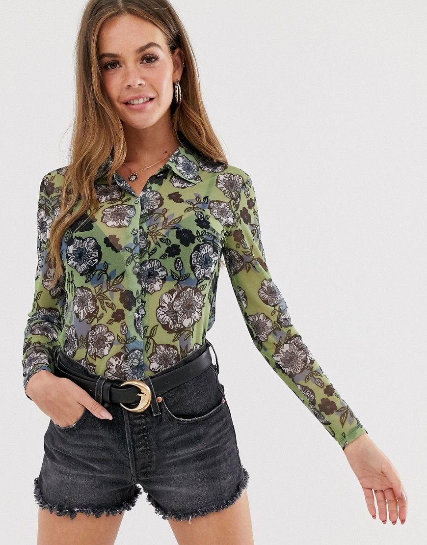 Sacred Hawk sheer fitted shirt in retro print