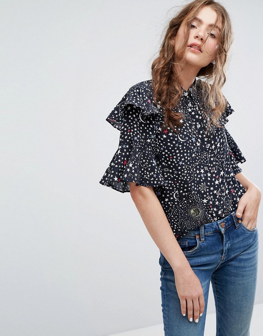 Lily and Lionel Silk Ruffle Shirt in Celestial Print - Black
