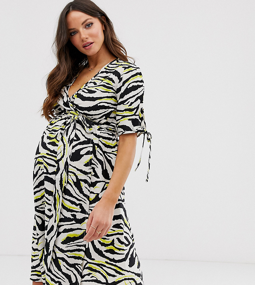 Influence Maternity wrap mini dress in zebra print