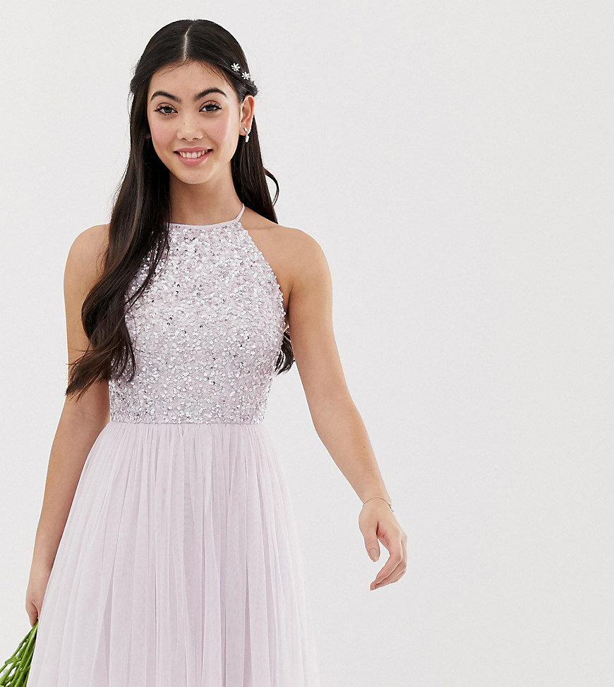 Maya Petite Bridesmaid halter neck mini tulle dress with tonal delicate sequins in soft lilac