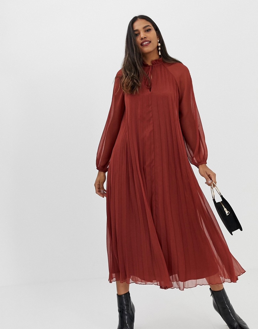 ASOS DESIGN pleated trapeze maxi dress with tie neck