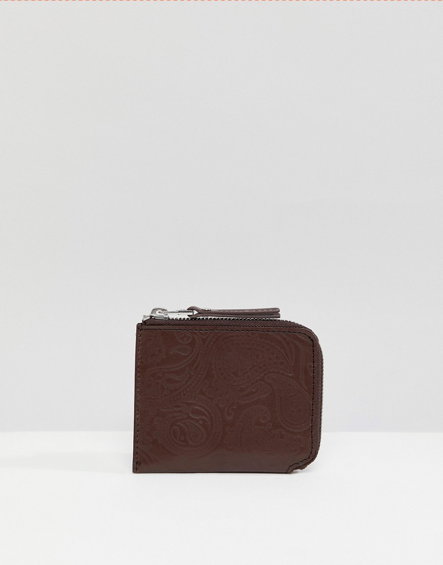 Pretty Green embossed leather paisley billfold wallet in brown