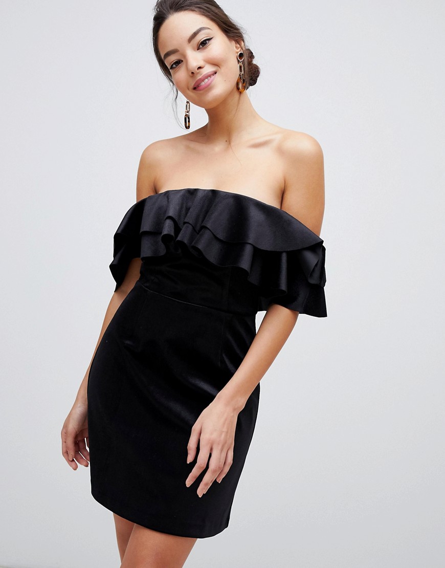 Asos Design Bonded Velvet Ruffle Shift Mini Dress-black