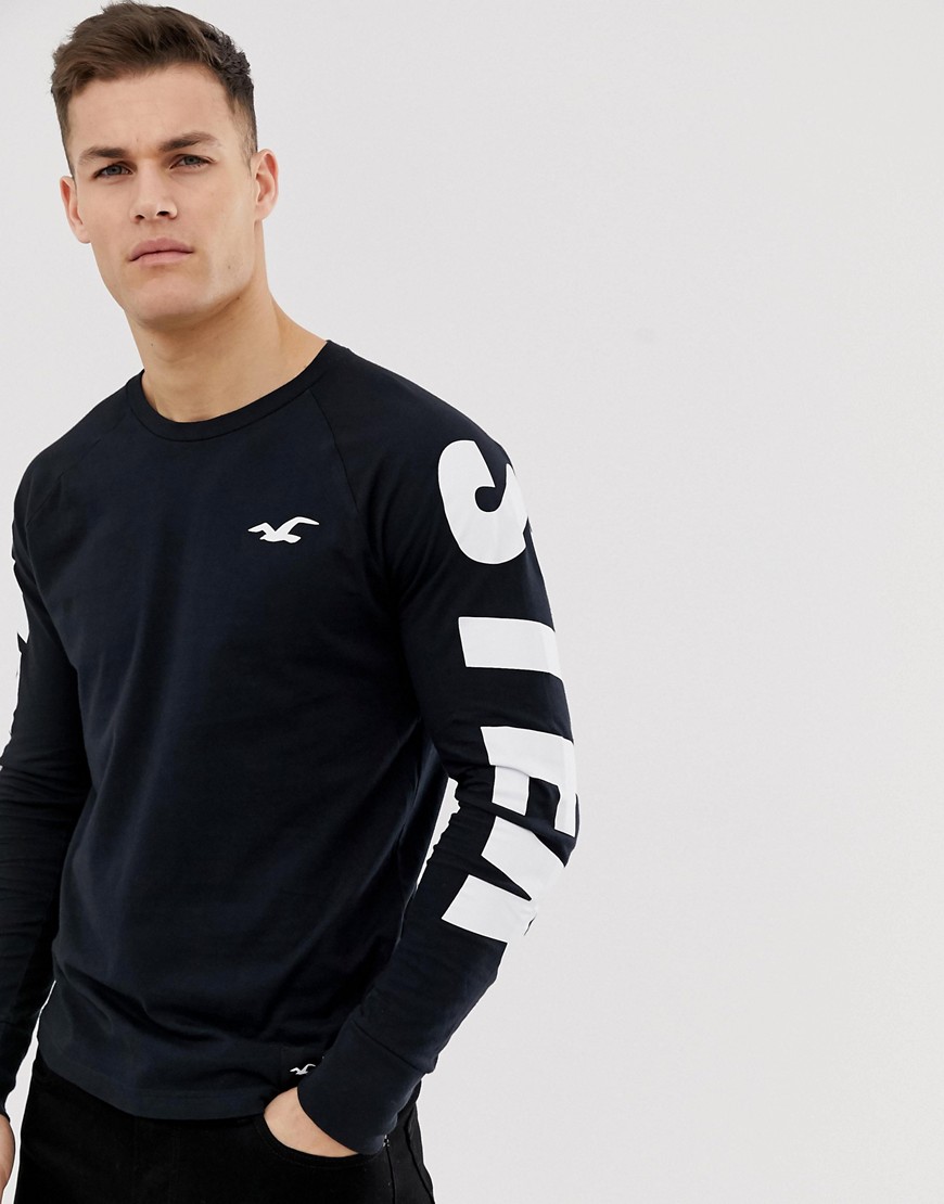 Hollister relaxed fit sleeve logo long sleeve top in black/white
