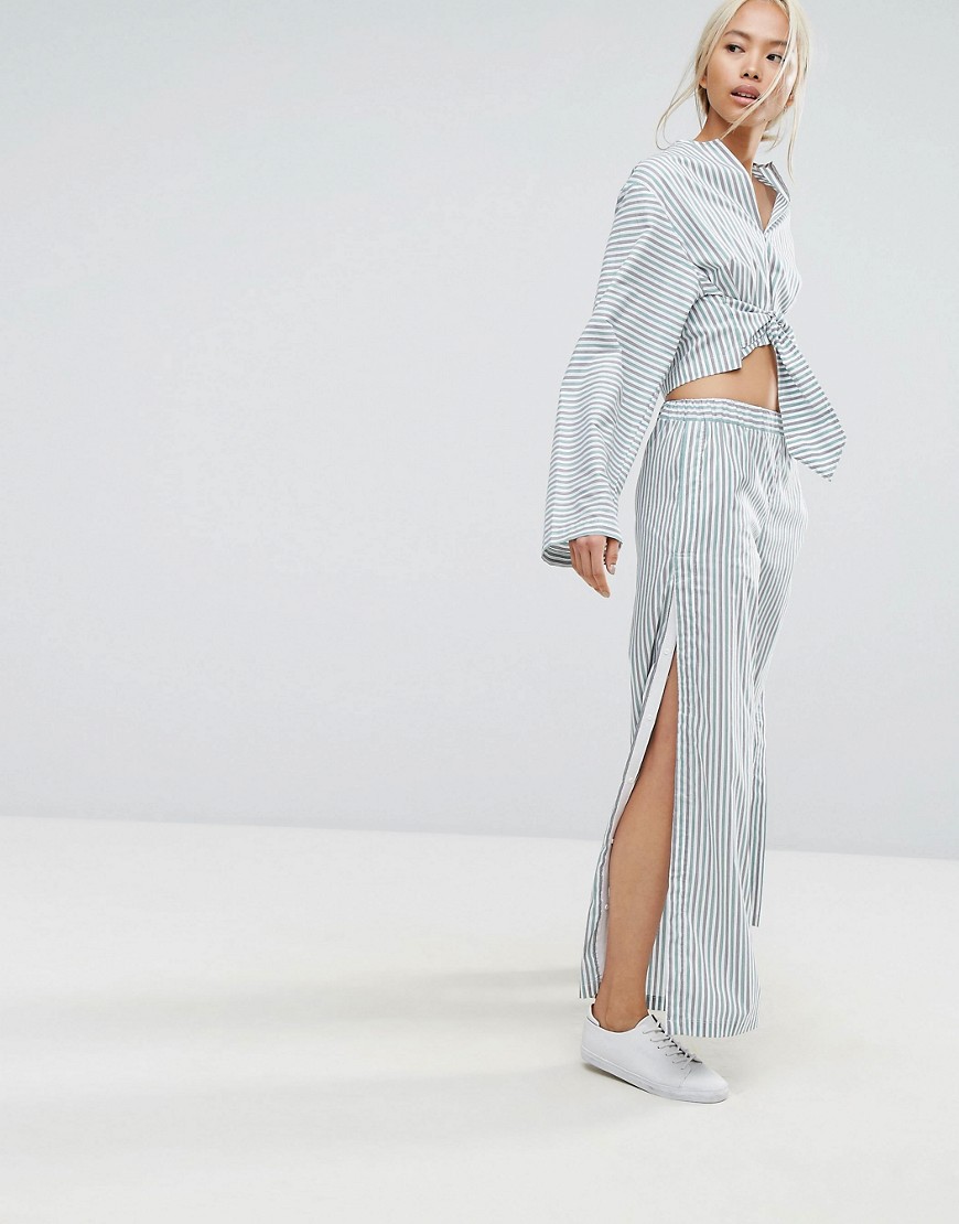 House Of Sunny Pyjama Style Wide Leg Trousers With Side Poppers In Stripe Co-Ord - Multi
