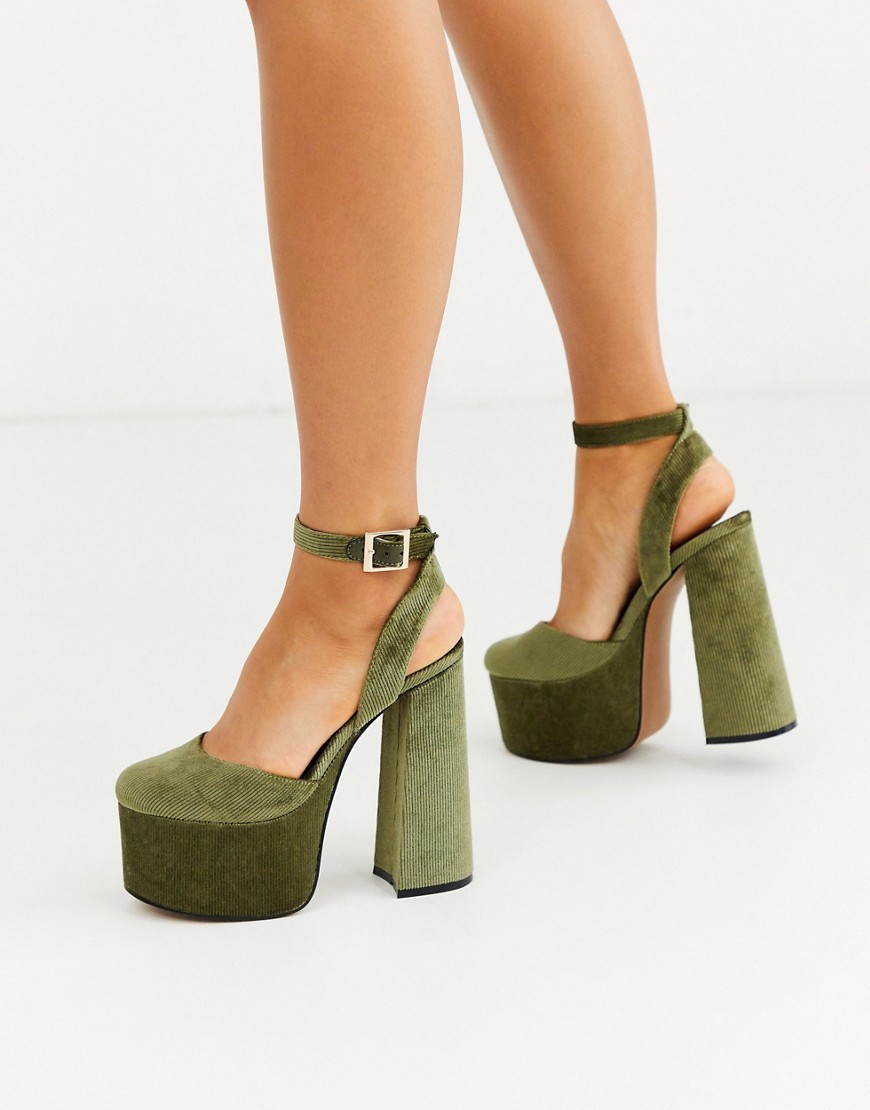 Situation Chronic Sunday Asos Design Punch Chunky Platform High Block Heels In Khaki Cord-green |  ModeSens