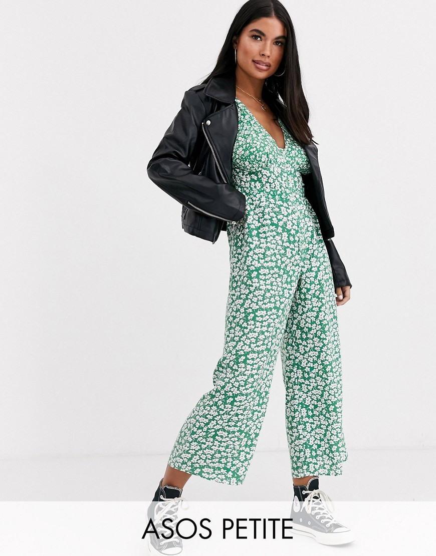 ASOS DESIGN Petite button front jumpsuit in mixed green floral print
