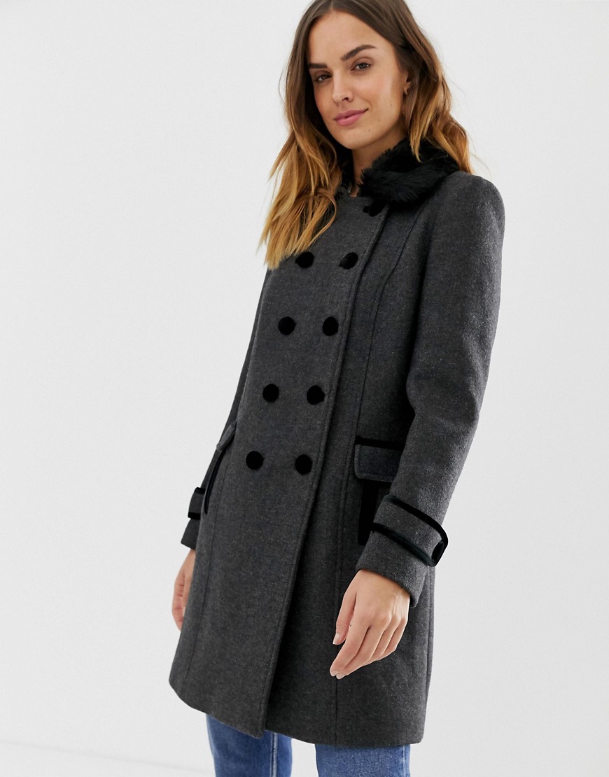 Naf Naf double button military coat with faux fur collar