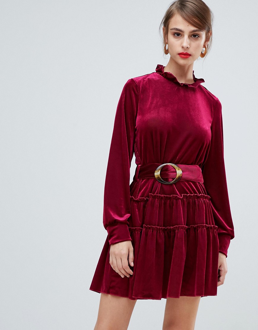 Vero Moda cord red high neck mini dress with tortoise belt