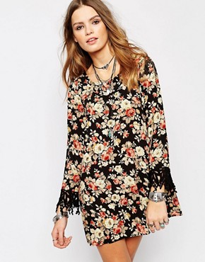 Glamorous Floral Printed Swing Dress with Crochet Sleeve