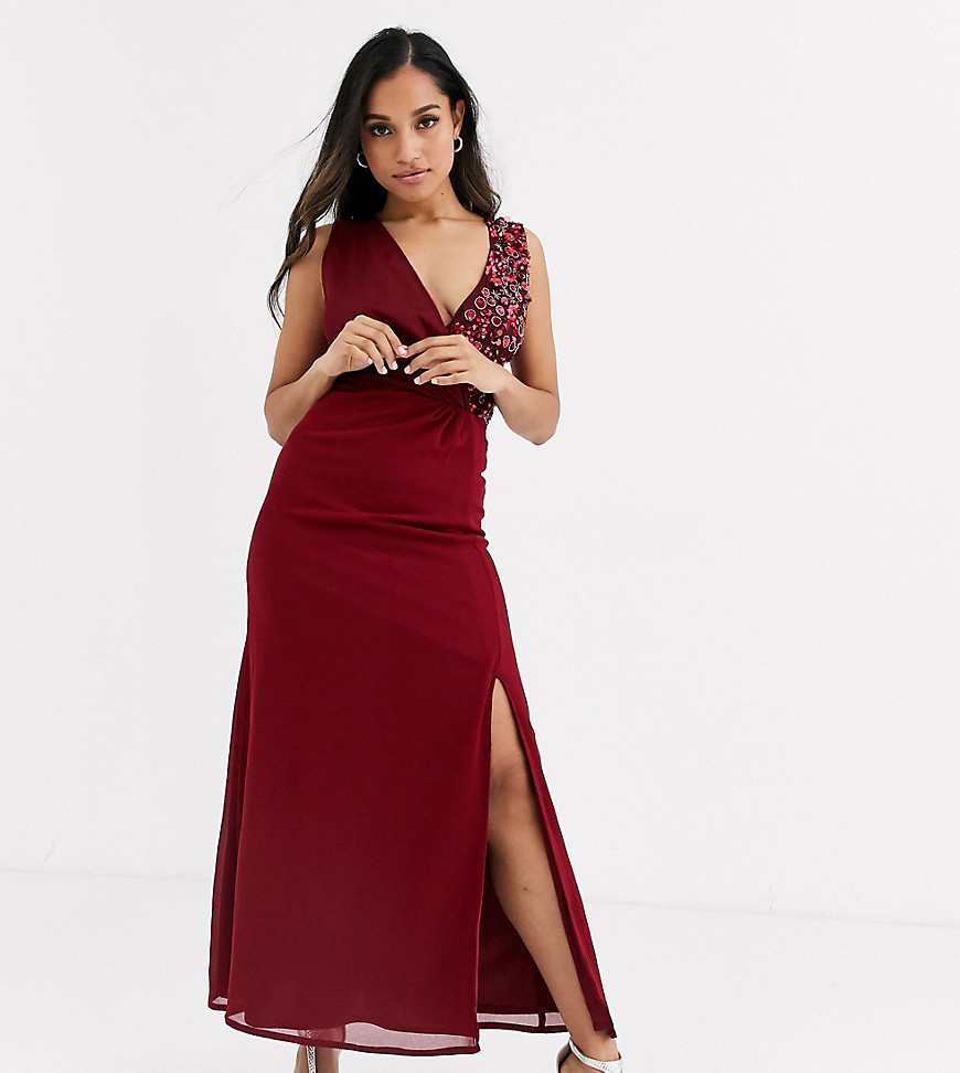Little Mistress Petite maxi dress with embellishment and open back detail in mulberry