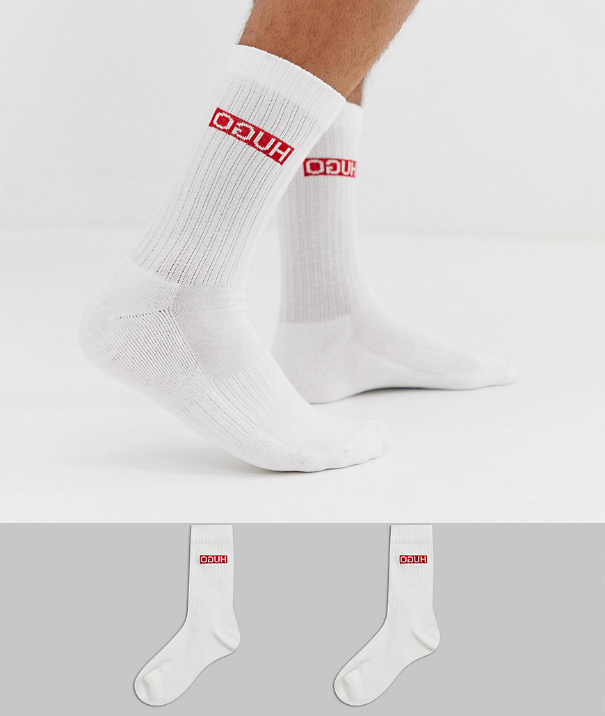HUGO reverse logo 2 pack crew socks in white