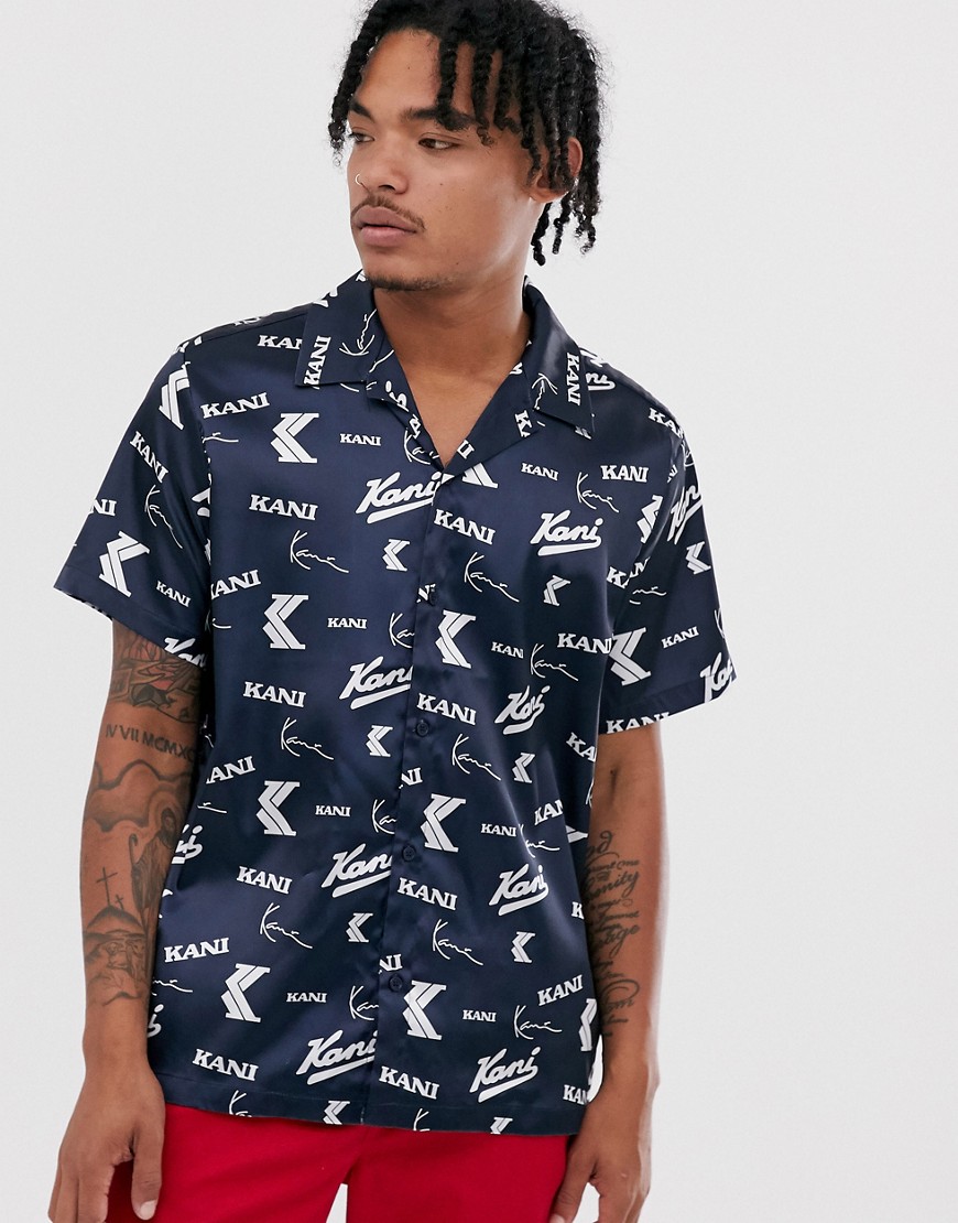 Karl Kani OG Satin all-over print shirt with revere collar in navy