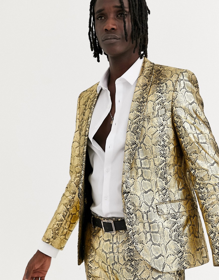 Twisted Tailor skinny suit jacket in gold snake print