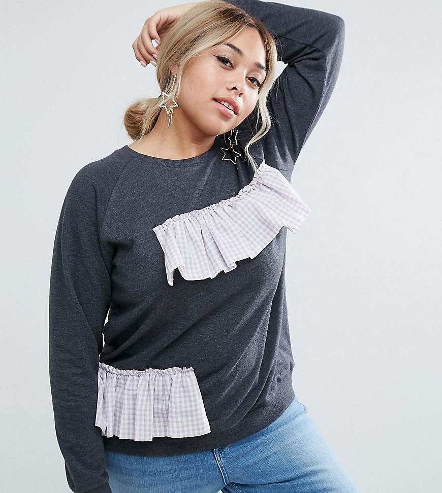 ASOS CURVE Sweat with Placed Gingham Ruffle - Charcoal