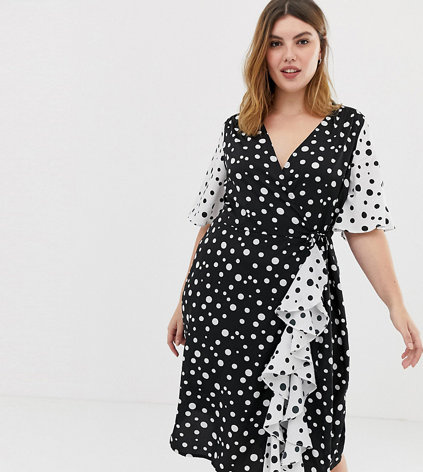 Influence Plus frill skirt detail midi dress in mix and match polka dot print