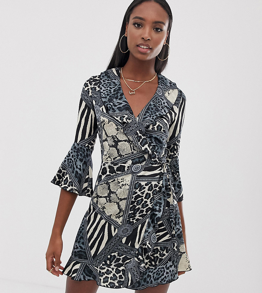 Outrageous Fortune Tall ruffle wrap mini dress with fluted sleeve in multi print
