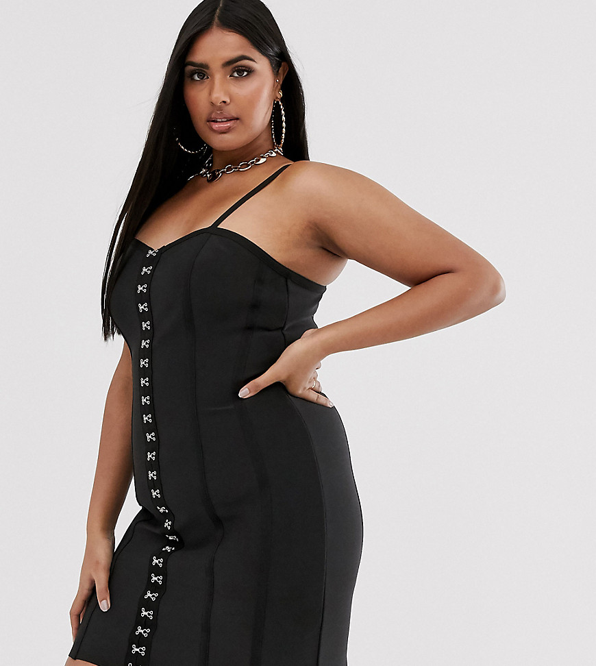 Missguided Plus premium bandage mini dress with hook and eye detail in black