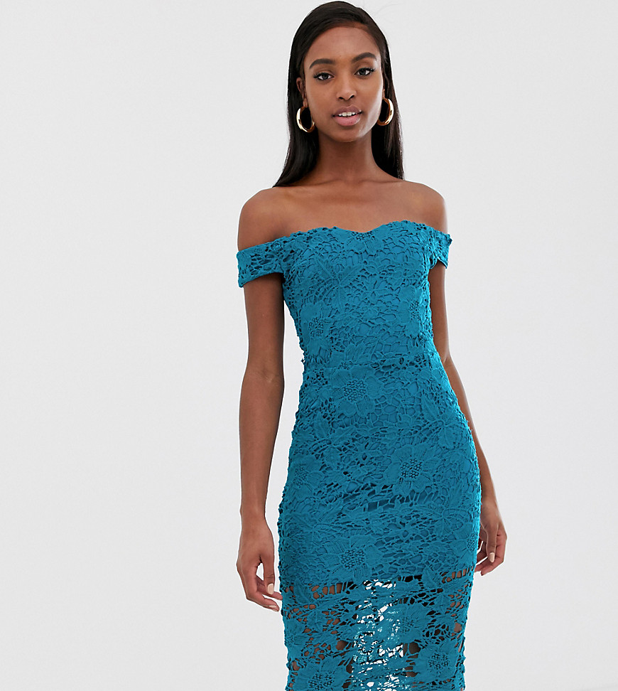 Missguided Tall lace midi bardot dress with in teal
