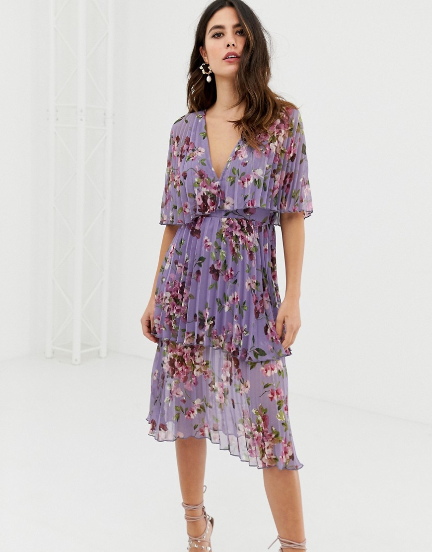Asos Design Soft Pleated Tiered Midi Dress In Lilac Floral-multi