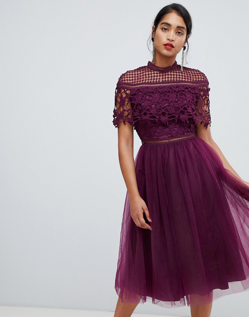 Chi Chi London 2 in 1 lace top midi dress with tulle skirt in deep purple
