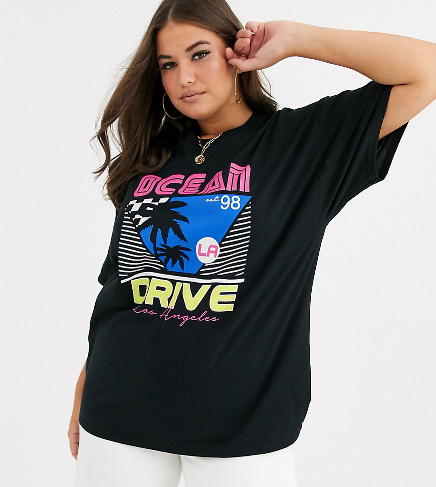 Missguided Plus oversized t-shirt with 80s graphic print in black