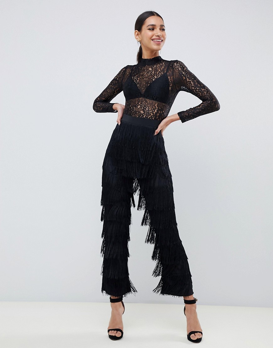 Rare London fringe jumpsuit with lace top in black - Black