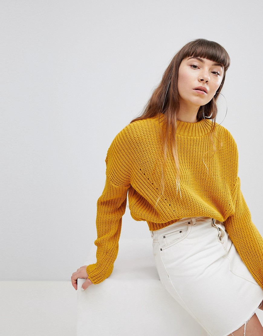 Daisy Street High Neck Jumper With Cable Knit - Mustard