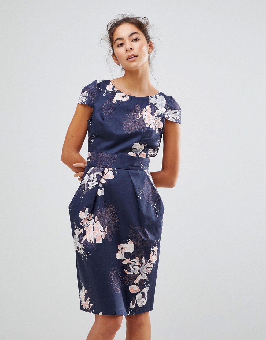 Closet London Cap Sleeve Pencil Dress In Overscale Floral Print