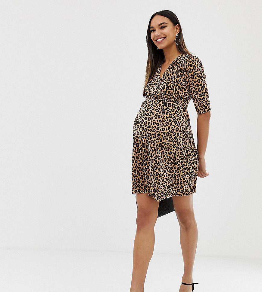 ASOS DESIGN Maternity leopard print plisse mini dress with button detail