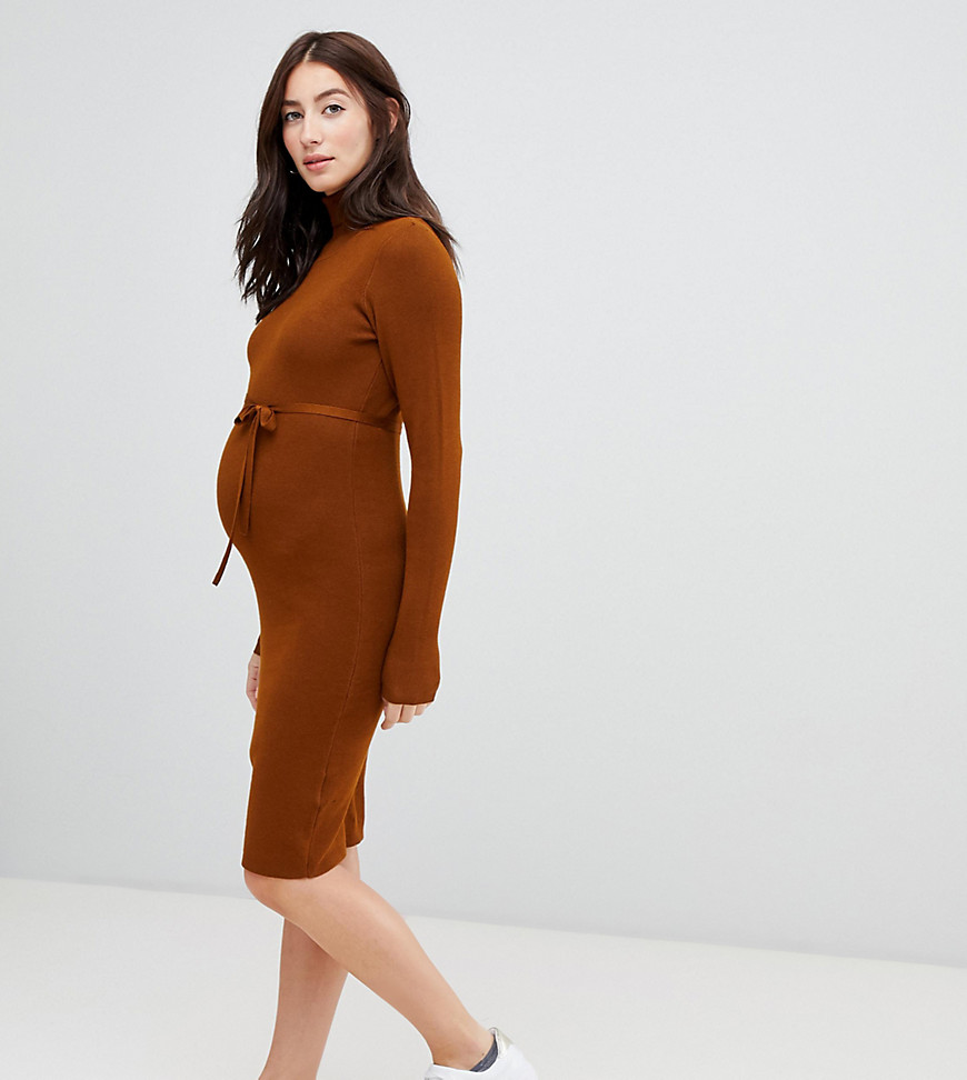 Mamalicious maternity roll neck knitted mini bodycon jumper dress in brown