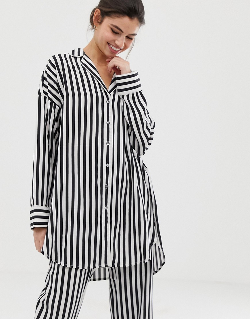 Lindex stripe longline pyjama shirt in black and white