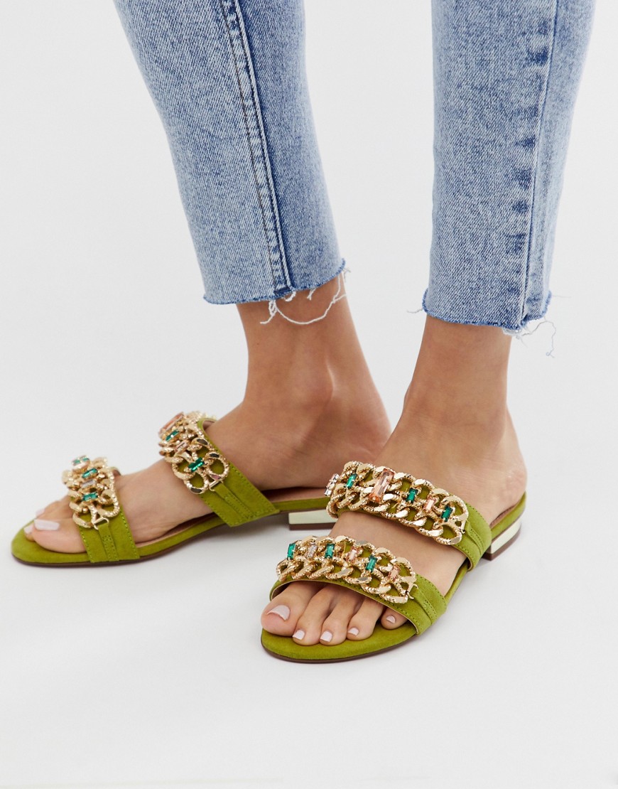 River Island embellished two strap flat sandals in green