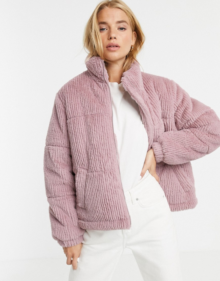 New Look faux fur cord puffer jacket in light pink