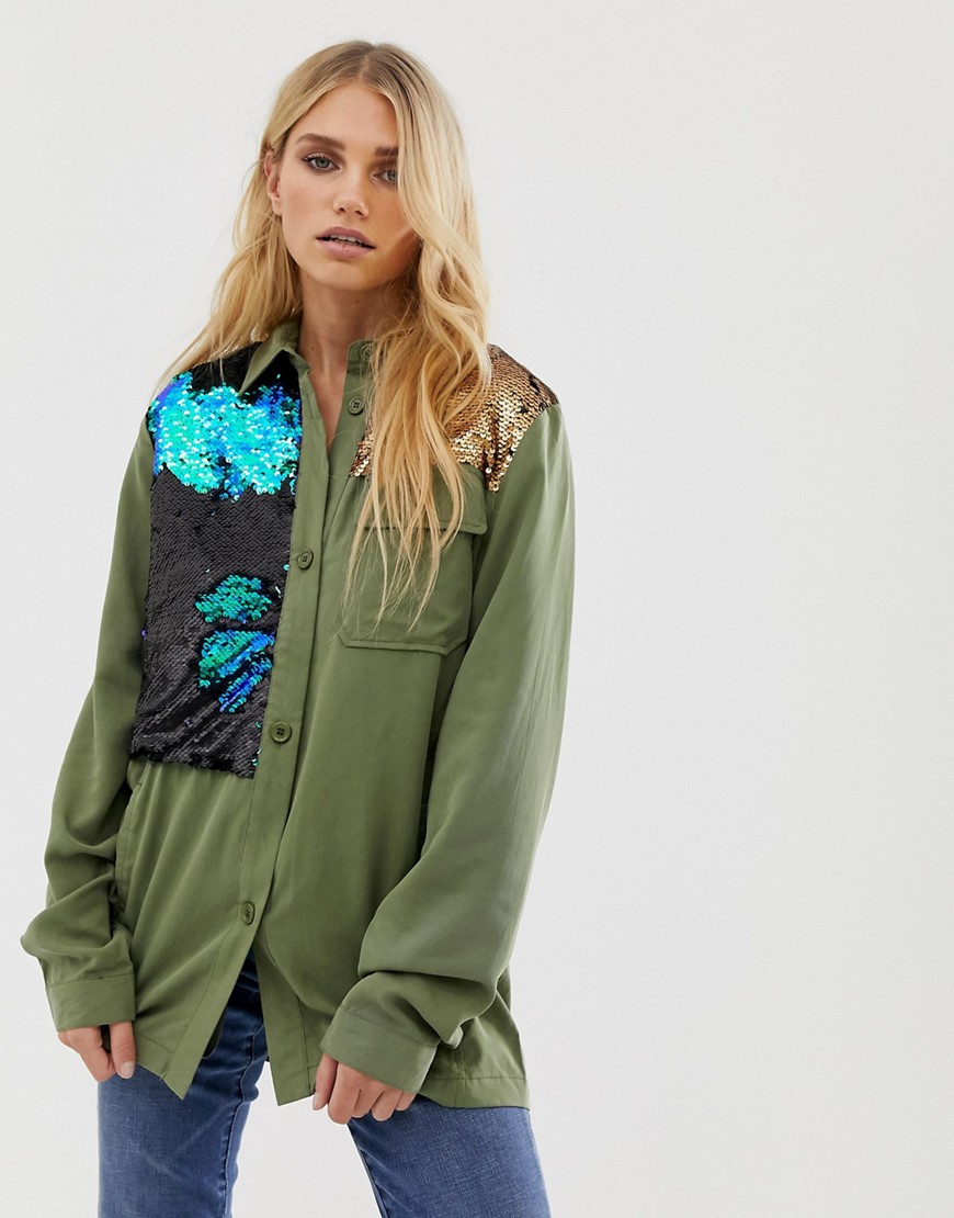 Native Rose Festival Relaxed Military Shirt With Sequin Panels