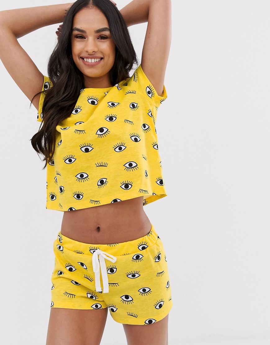 Loungeable eye print pyjama short set in yellow